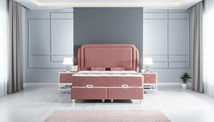 Ensemble de chambre à coucher Rose Lit en métal Style 2x Tables de chevet Moderne neuves 3 pièces.