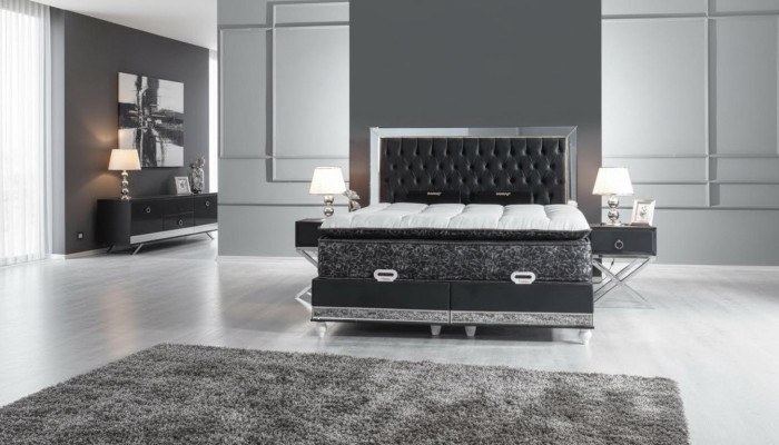 Ensemble de chambre à coucher Lit en métal noir 2x Tables de chevet Luxe neuf 3 pièces.