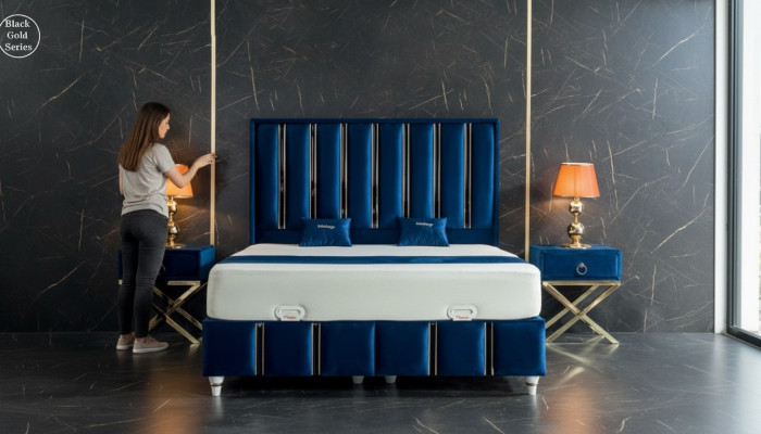 Le lit design de SaphirBlue avec des tables de chevet sur des pieds en acier plaqué or