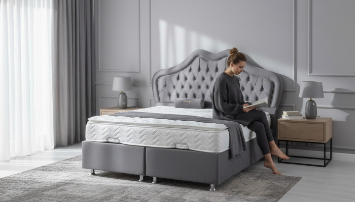 Lit gris Lit Double lits Boxspring Style Chesterfield en tissu 160x200