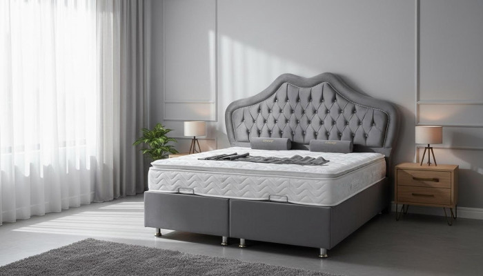 Lit gris Lit Double lits Boxspring Style Chesterfield en tissu 160x200
