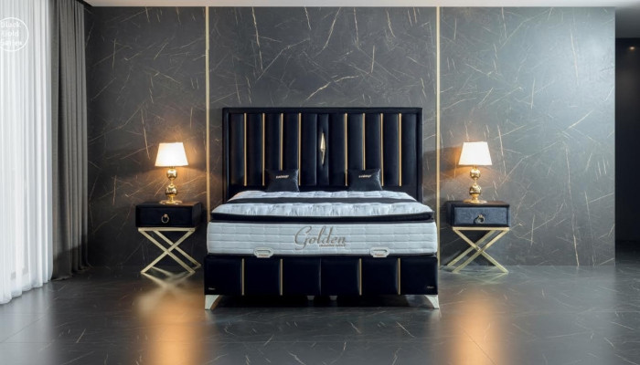Chambre de luxe velours lit en métal Lit double 2x Table de chevet Lits Mobilier 3 pièces.