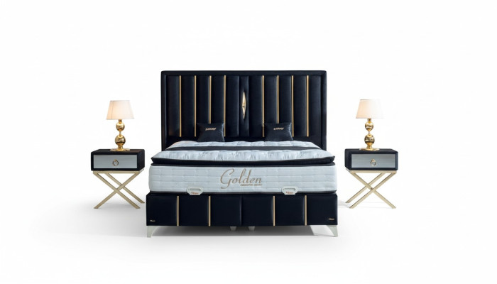 Chambre de luxe velours lit en métal Lit double 2x Table de chevet Lits Mobilier 3 pièces.