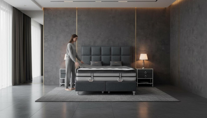 Ensemble de chambre à coucher Gris Lit Design Moderne de Luxe 2x Tables de chevet 3 pièces