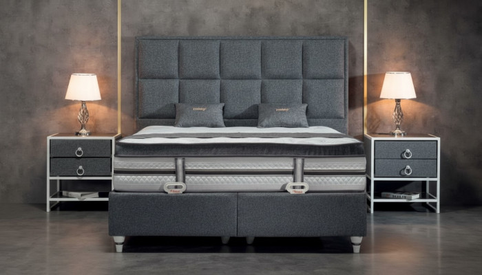 Ensemble de chambre à coucher Gris Lit Design Moderne de Luxe 2x Tables de chevet 3 pièces