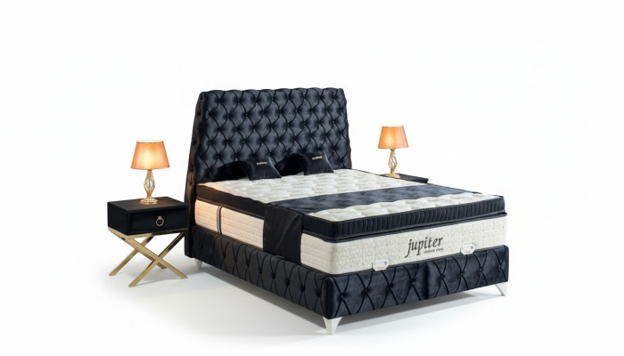 Ensemble de chambre à coucher Noir Lit Table de chevet Lits Chesterfield Meubles Velours 3 pièces.