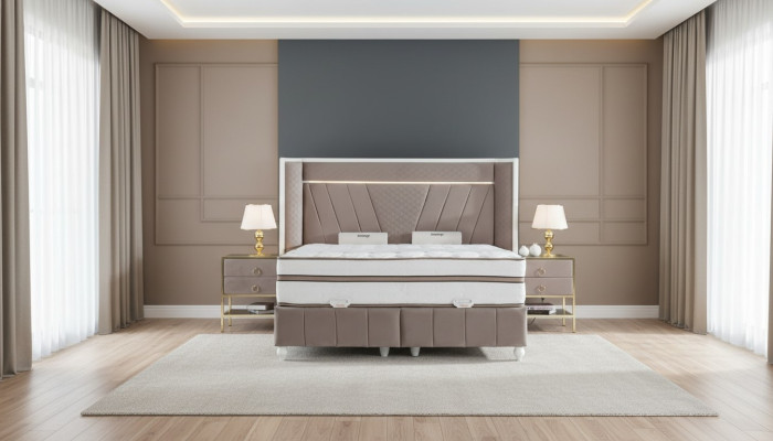 Ensemble de chambre de luxe Lit beige 2x table de chevet Mobilier de lit Led 3 pièces