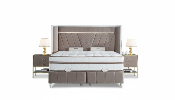 Ensemble de chambre de luxe Lit beige 2x table de chevet Mobilier de lit Led 3 pièces