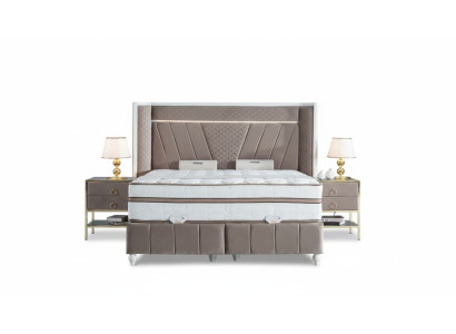 Ensemble de chambre de luxe Lit beige 2x table de chevet Mobilier de lit Led 3 pièces