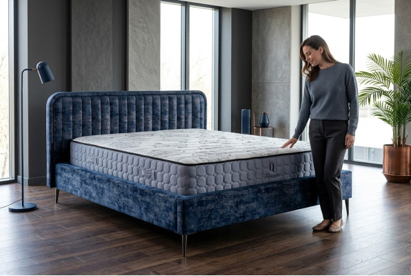 Lit double Bleu Chambre à coucher Bois Mobilier Design Élégant Tissu d'ameublement neuf