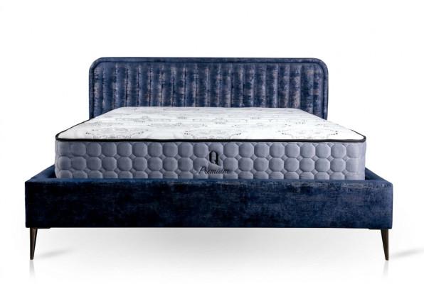 Lit double Bleu Chambre à coucher Bois Mobilier Design Élégant Tissu d'ameublement neuf