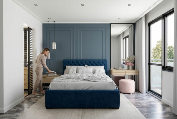 Lit double moderne en tissu bleu avec un design élégant en bois.