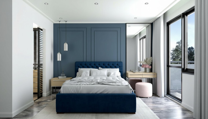 Lit double moderne en tissu bleu avec un design élégant en bois.