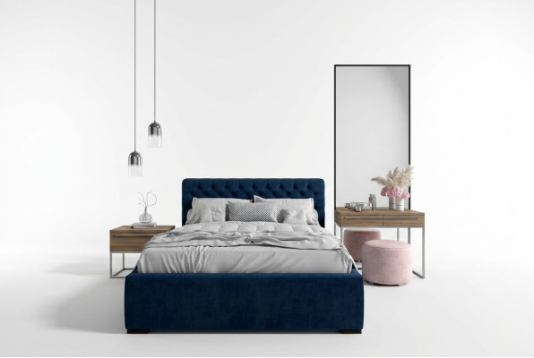 Lit double moderne en tissu bleu avec un design élégant en bois.