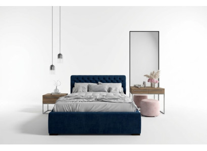 Lit double moderne en tissu bleu avec un design élégant en bois.
