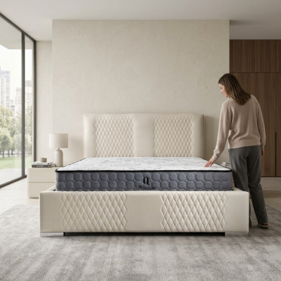 Lit beige Lit double Lit Moderne Lit de luxe Tissu d'ameublement Chambre à coucher Moderne Nouveau