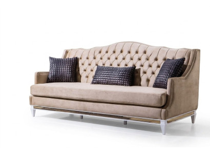 Canapé trois places en tissu de luxe beige Chesterfield, designer de haute qualité.