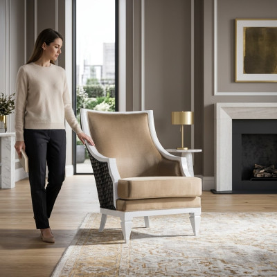 Fauteuil beige clair à un seul siège en bois cadre en bois accoudoir