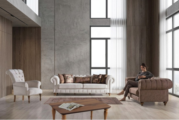 Blanc -Brown Chesterfield Groupe de sièges Canapés design Suite de luxe 3+2+1