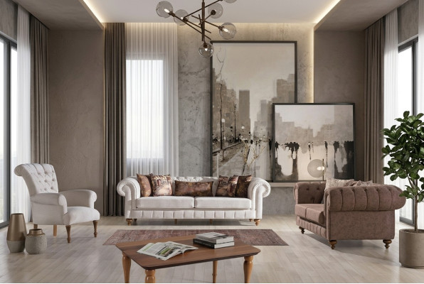 Blanc -Brown Chesterfield Groupe de sièges Canapés design Suite de luxe 3+2+1