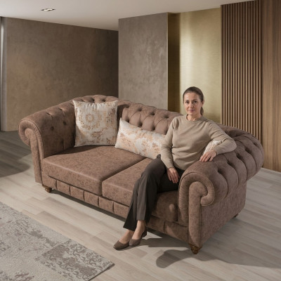 Canapé 2 places design en cuir marron Chesterfield stylé
