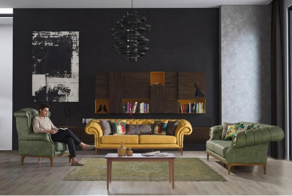 Vert-Jaune Canapé Trois Places De Luxe Designers Fauteuil 3+3+1 Ensemble