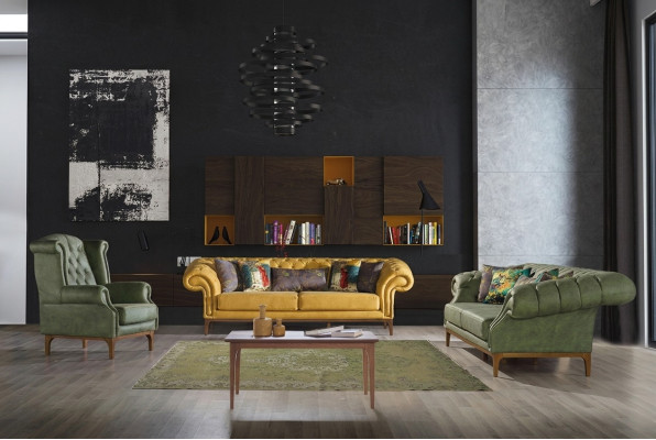 Vert-Jaune Canapé Trois Places De Luxe Designers Fauteuil 3+3+1 Ensemble