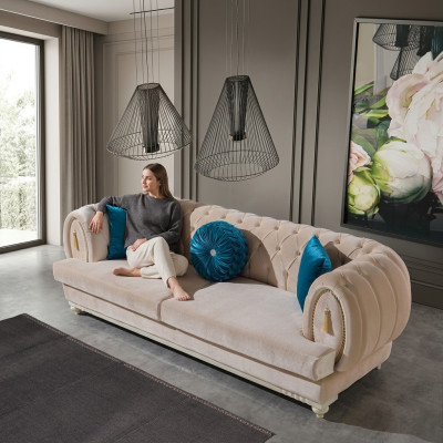 Canapé trois places en tissu beige Chesterfield Designer Set of 3.
