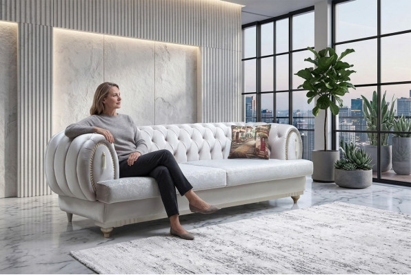 Canapé moderne trois places Chesterfield blanc élégant pour salon