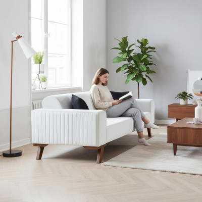 Canapé moderne trois places en tissu velours blanc