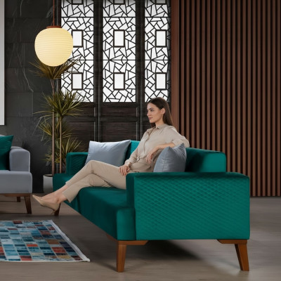Canapé trois places élégant en velours Turquoise pour le salon