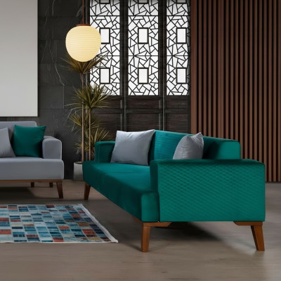 Canapé trois places élégant en velours Turquoise pour le salon