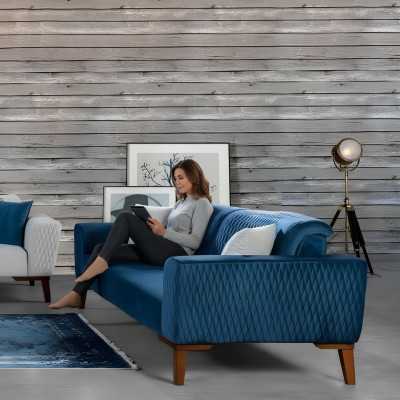 Canapé Bleu Trois Places Canapé Élégant Mobilier de Salon Velours