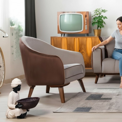 Fauteuil une place en textile pour salon, design lounge, couleur gris.