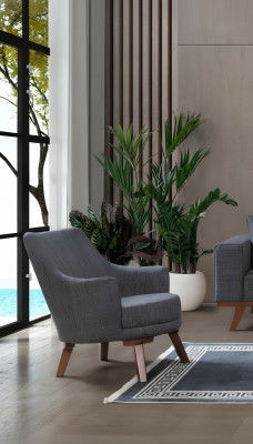 Fauteuil de salon design une place moderne en tissu gris.