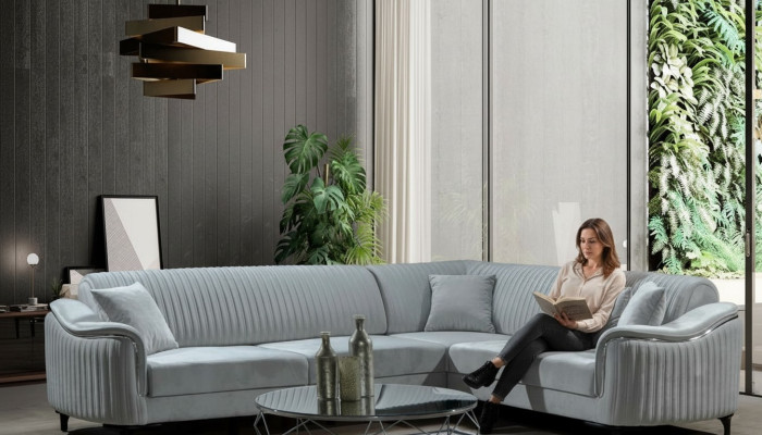 Canapé d'angle en tissu Canapé en forme de L Revêtement en textile Suite d'angle en velours gris 310x240