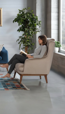 Fauteuil design beige une place en tissu pour salon style bois mobilier