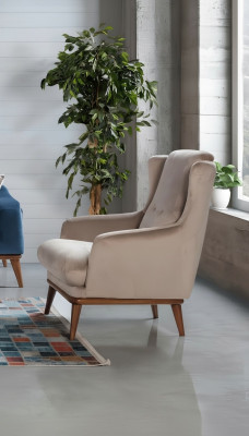 Fauteuil design beige une place en tissu pour salon style bois mobilier