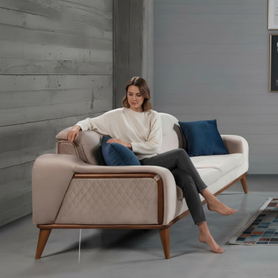 Canapé beige Salon Trois places Canapé Coussin de siège Mobilier Velours Bois