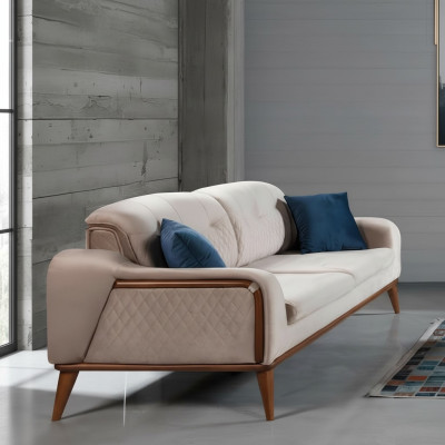 Canapé beige Salon Trois places Canapé Coussin de siège Mobilier Velours Bois