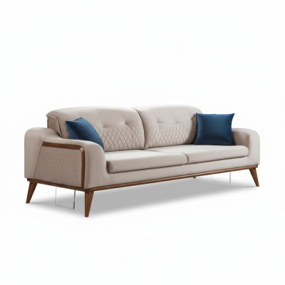 Canapé beige Salon Trois places Canapé Coussin de siège Mobilier Velours Bois