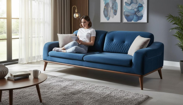 Bleu e Couch Trois places Canapé Salon Coussin de siège Meubles Velours Bois