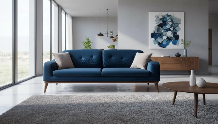 Bleu e Couch Trois places Canapé Salon Coussin de siège Meubles Velours Bois