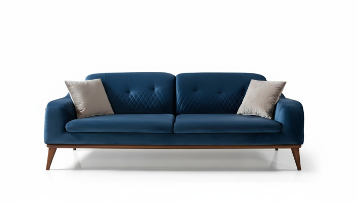 Bleu e Couch Trois places Canapé Salon Coussin de siège Meubles Velours Bois