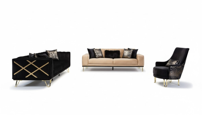 Ensemble de canapé Canapé noir 3+3+1 Fauteuil élégant en métal velours