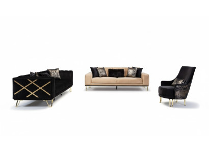 Ensemble de canapé Canapé noir 3+3+1 Fauteuil élégant en métal velours
