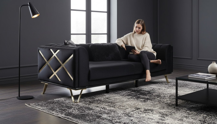 Canapé de luxe 3 places Trois places Textile Meubles Velours noir