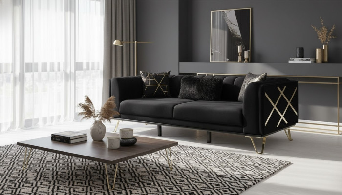 Canapé de luxe 3 places Trois places Textile Meubles Velours noir