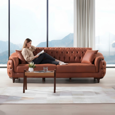 Orange Chesterfield Couch Trois Canapé Place Velours Bois Coussin d'assise