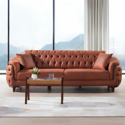 Orange Chesterfield Couch Trois Canapé Place Velours Bois Coussin d'assise